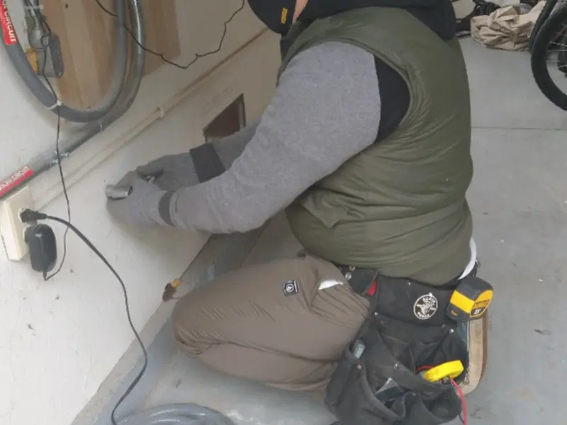 Electrician performing outlet wiring in a Mattawa garage